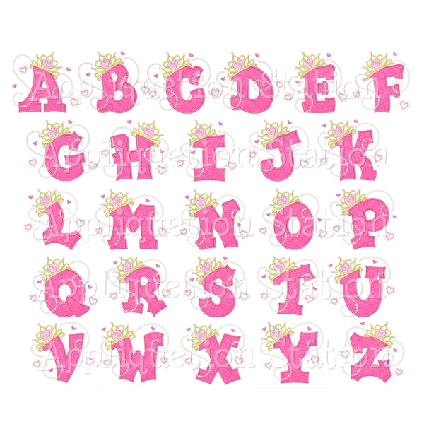 BX Applique Font Princess Tiara Full Alphabet Set Machine Embroidery Design girl crown INSTANT DOWNLOAD