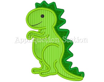 May include: Green cartoon dinosaur applique with a striped pattern and a spiky back.