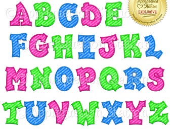 May include: A set of colorful alphabet letters with a striped pattern. The letters are in green, blue, and pink. The letters are in a bold, cartoon-style font.  BX FORMAT INCLUDED.