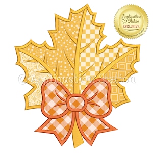 Diseño de bordado digital con aplique de hoja de arce estilo patchwork para otoño. DESCARGA INSTANTÁNEA.
