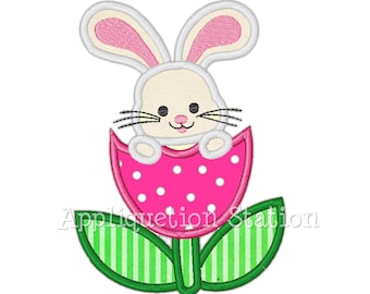Easter Bunny Tulip Flower Applique Machine Embroidery Design Baby White Pink Rabbit Spring  INSTANT DOWNLOAD