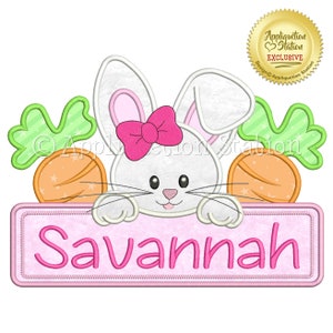 Bunny Name Plate Girl Applique Machine Embroidery Design Easter happy spring carrots sign INSTANT DOWNLOAD