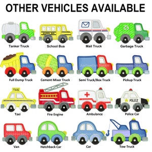 May include: A colorful illustration of various vehicles, including a school bus, mail truck, garbage truck, full dump truck, cement mixer truck, semi truck, pickup truck, taxi, fire engine, ambulance, police car, van, hatchback car, car, and tow truck.