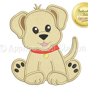May include: A beige and brown cartoon puppy with a red collar and a gold tag sitting on a white background. The puppy has big brown eyes and a happy expression.