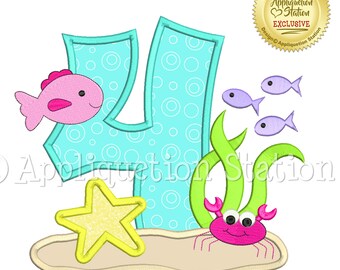 4 Birthday Under The Sea Number Four Applique Machine Embroidery Design ocean fish crab fourth INSTANT DOWNLOAD