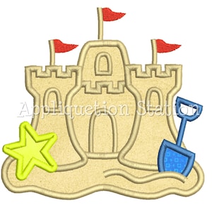 May include: A yellow star, a blue shovel, and a sandcastle with red flags. The sandcastle is outlined in brown and has a brown door and windows. The sandcastle is sitting on a brown sand base.