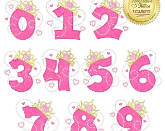 BX Princess Tiara + Pearls Numbers Set 0-9 Applique Machine Embroidery Design Birthday crown 1st 1,2,3,4,5,6,7,8,9 INSTANT DOWNLOAD