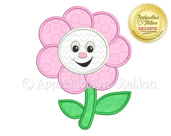 Happy Flower Applique Machine Embroidery Design Girl smiley face summer spring INSTANT DOWNLOAD