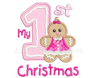 My First Christmas Ginger Baby Girl Applique Machine Embroidery Design 1st Gingerbread Man Cookie Holiday INSTANT DOWNLOAD