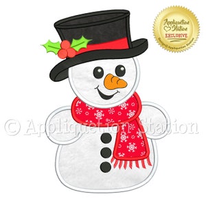 May include: A white snowman with a black top hat, red scarf with white snowflakes, and a red holly berry on the hat. The snowman has a carrot nose, black eyes, and a black mouth.