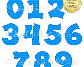 May include: Ten blue numbers with a chevron pattern, from 0 to 9. The numbers are outlined in black and have a white background.