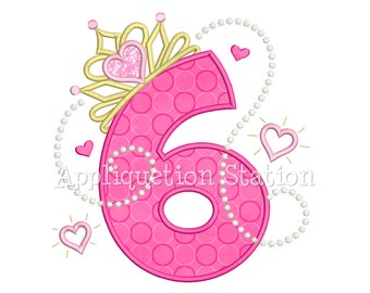 Princess Tiara + Pearls #6 Applique Machine Embroidery Design Birthday crown number six sixth 6th INSTANT DOWNLOAD