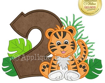 Tiger Number 2 Birthday Applique Machine Embroidery Design Jungle Animal two second  2nd boy cute jungle animal INSTANT DOWNLOAD