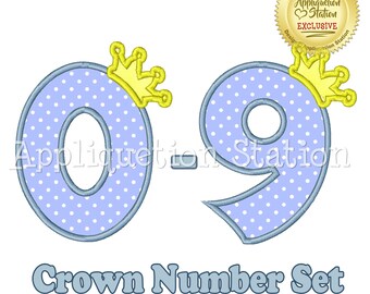 May include: A set of two blue and white polka dot numbers with yellow crowns on top. The numbers are 0 and 9. The text "Crown Number Set" is below the numbers.