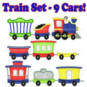 May include: A train set with nine cars, including a red and blue engine, a green and yellow boxcar, a red and blue boxcar, a green and yellow boxcar, a yellow and blue boxcar, a red and blue boxcar, a green and yellow boxcar, a silver and green boxcar, and a yellow and blue boxcar. The train set is perfect for a child's playroom or bedroom.
