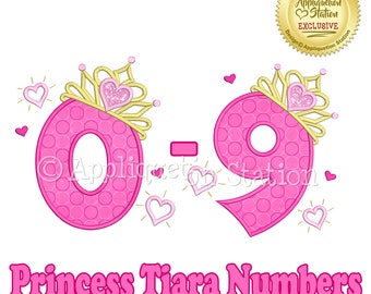 May include: Pink and gold princess tiara numbers 0 and 9 with hearts and glitter.  Princess Tiara Numbers.