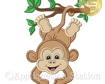 Applique Monkey Hanging Machine Embroidery Design Zoo Baby Jungle Safari Branch Boy Girl Cute animal INSTANT DOWNLOAD