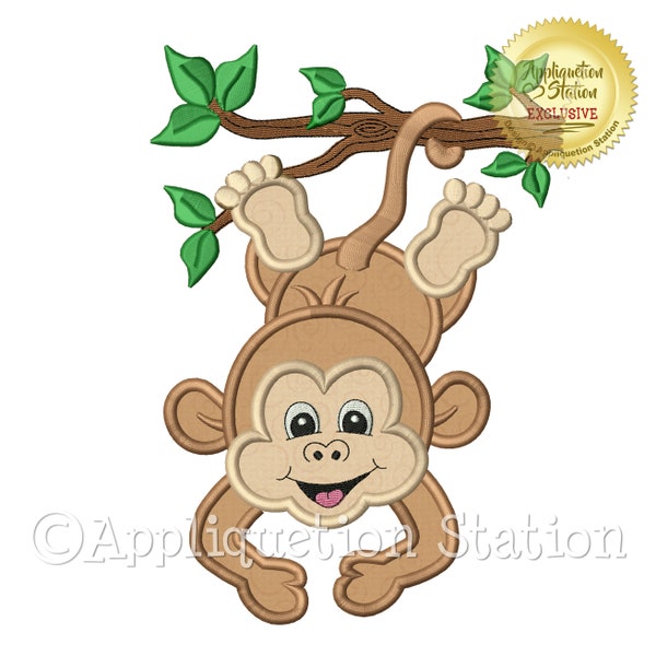 Applique Monkey Hanging Machine Embroidery Design Zoo Baby Jungle Safari Branch Boy Girl Cute animal INSTANT DOWNLOAD