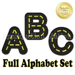 May include: A set of black and yellow alphabet letters in the shape of a road. The letters are A, B, and C. The letters are outlined in yellow and have a black interior. The text "Full Alphabet Set" is below the letters.