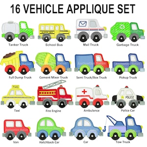 Complete Vehicle Set Applique Machine Embroidery Design boy dump, tow, fire truck, police car construction INSTANT DOWNLOAD