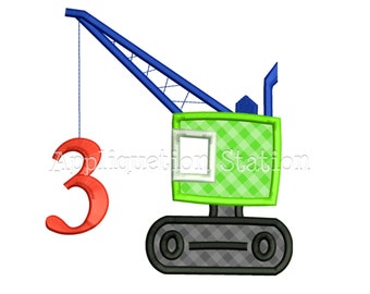 Number 3 Wrecking Crane Birthday Applique Machine Embroidery Design 3rd third three boy INSTANT DOWNLOAD