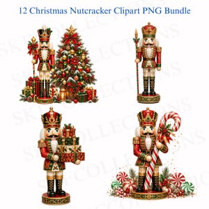 Puede incluir: Una colección digital de 12 imágenes PNG de clip art de cascanueces navideños con varias figuras en uniformes rojos, verdes y dorados, algunas sosteniendo bastones o bastones de caramelo, junto a un árbol de Navidad decorado y regalos.