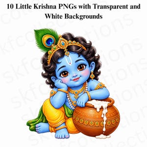 May include: A digital illustration of a blue-skinned child with dark curly hair, wearing a gold crown with a peacock feather, gold jewelry, and yellow and green clothing, leaning on a brown clay pot filled with white liquid. Text reads 10 Little Krishna PNGs with Transparent and White Backgrounds.