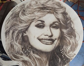 Dolly Parton Portrait on Solid Oak (12" Round) Laser Engraved