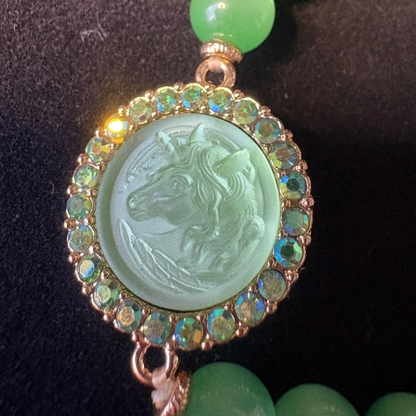 Kirks Folly Unicorn Cameo Bracelet, Vintage Cat’s Eye Beads, Signed Fantasy Jewelry