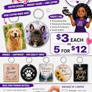 May include: A promotional display for custom sublimation keychains in rectangle, square, and round shapes. The image features examples with dog photos, text like Be the Change, and Boss Lady. It includes a 3mm thickness measurement and shape dimensions.