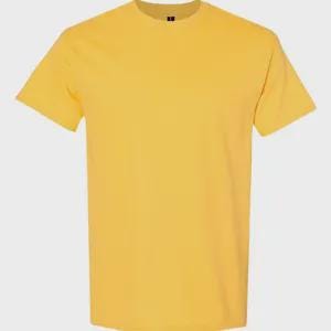 May include: A solid, vibrant yellow short-sleeved t-shirt with a classic crew neckline. The garment features a plain, unpatterned design with a standard fit, short sleeves, and a straight hemline, presented against a neutral, light gray background.