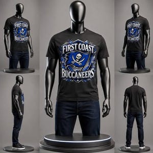May include: A black short-sleeve t-shirt featuring a graphic print on the chest with the text "FIRST COAST BUCCANEERS" surrounding a blue flag emblem with a white skull and crossbones design. The shirt is displayed on a mannequin with dark jeans.