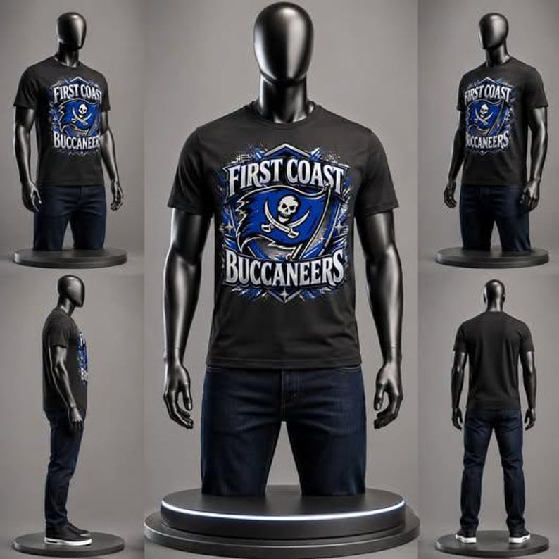 May include: A black short-sleeve t-shirt featuring a graphic print on the chest with the text "FIRST COAST BUCCANEERS" surrounding a blue flag emblem with a white skull and crossbones design. The shirt is displayed on a mannequin with dark jeans.
