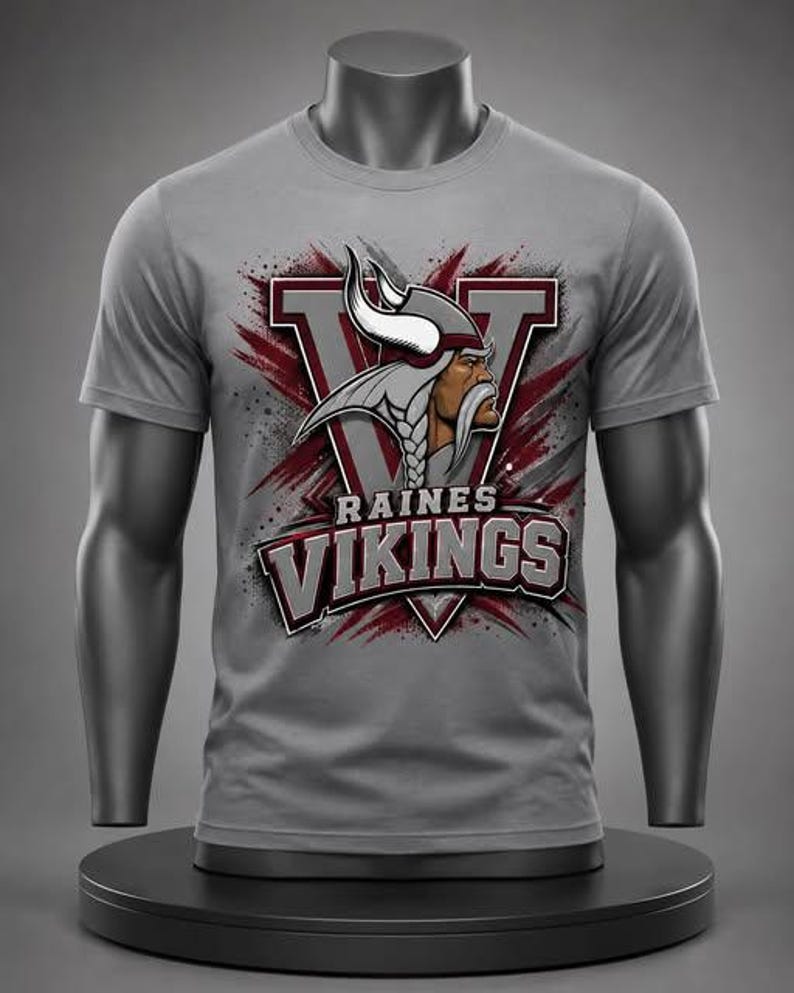 May include: A grey short-sleeve t-shirt featuring a graphic of a Viking warrior in a horned helmet centered over a large letter V. The text RAINES VIKINGS is printed in bold, dark red and white lettering below the Viking illustration.