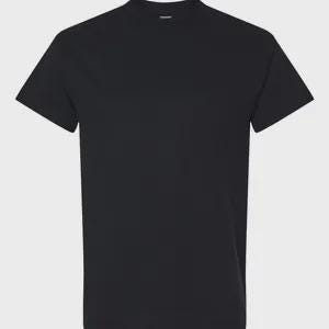 May include: A solid black short-sleeved t-shirt featuring a classic crew neckline. The garment is constructed with a standard fit, short sleeves, and a straight hemline, presenting a plain and uniform appearance throughout the entire fabric surface.
