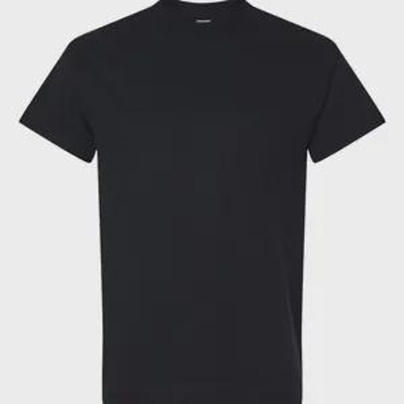 May include: A solid black short-sleeved t-shirt featuring a classic crew neckline. The garment is constructed with a standard fit, short sleeves, and a straight hemline, presenting a plain and uniform appearance throughout the entire fabric surface.