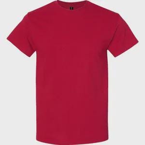 May include: A solid red short-sleeved t-shirt with a classic crew neckline. The garment features a plain, uniform color throughout, with a standard straight hemline and short sleeves that extend to the mid-bicep area, providing a simple design.