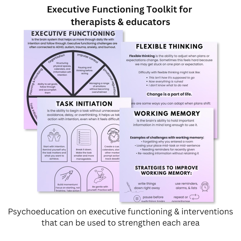 May include: An Executive Functioning Toolkit for therapists and educators featuring educational cards with purple gradient backgrounds. The cards contain text and diagrams explaining executive functioning, flexible thinking, task initiation, and working memory.