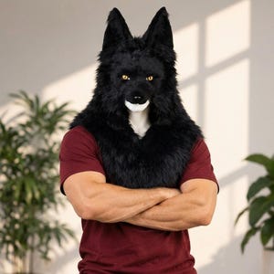 Svart varghuvudplyschhatt, lurvig varulvskostymhuvudbonad, unisex cosplay halloweenhatt
