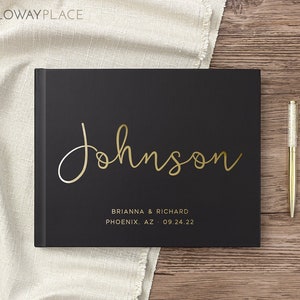 Wedding Guest Book Real Gold Foil Black Wedding Guestbook Hardcover Landscape Wedding Photo Album, Colors Available image 1