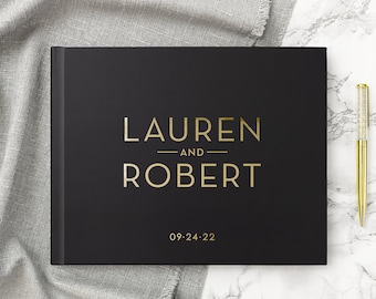 Black Wedding Guest Book Wedding Guestbook Landscape Guest Book Gold Foil Personalized Hardcover Wedding Photo Guest Book