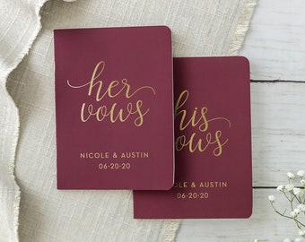 Wedding Vow Books, Personalized Vow Books, Custom Wedding Vow Booklet, Bride and Groom Vows Set of 2 His and Her Burgundy and Gold Foil