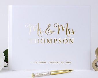 Personalized Wedding Guest Book, Gold Foil Guestbook, Custom Mr Mrs Wedding Sign in Book, Wedding Album, Silver Gold Rose Foil Color Options