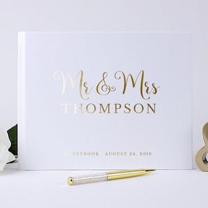 Personalized Wedding Guest Book, Gold Foil Guestbook, Custom Mr Mrs Wedding Sign in Book, Wedding Album, Silver Gold Rose Foil Color Options