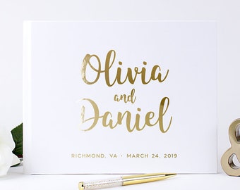 Oro foil boda libro de visitas, blanco personalizado y oro boda libro de visitas rústico, alternativa personalizado Guestbook Idea, oro rosa plata lámina