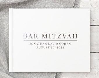 Bar Mitzvah Guest Book Judío Bar o Bat Mitzvah Ceremony Celebration Idea, Photo Booth Album Book, Regalo personalizado Blanco con papel de aluminio