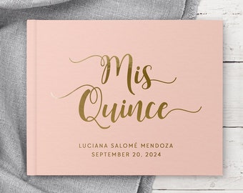 Quinceanera Guest Book Gold Foil Photo Book Album, Mis Quince Party 15th Birthday Personalized Guestbook, Blush Pink & Gold