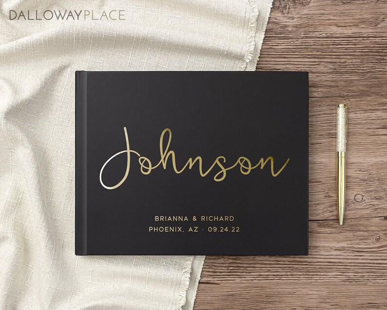 Wedding Guest Book Real Gold Foil Black Wedding Guestbook Hardcover Landscape Wedding Photo Album, Colors Available image 1