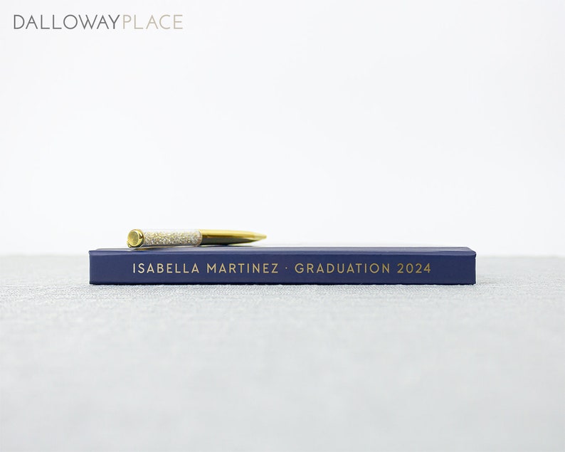 Libro de invitados de graduación Álbum de fotos de estudiante de graduación universitaria Libro de firmas personalizado de amigos y familiares, lámina de oro azul marino imagen 3