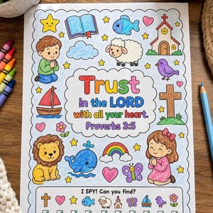 Christian I Spy Coloring Page | Proverbs 3:5 Bible Verse Activity (Digital Download)